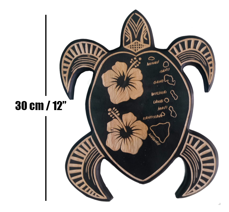 30x25cm Black Wood Tribal Turtle w/ Hibiscus & Island Map Sign - Click Image to Close